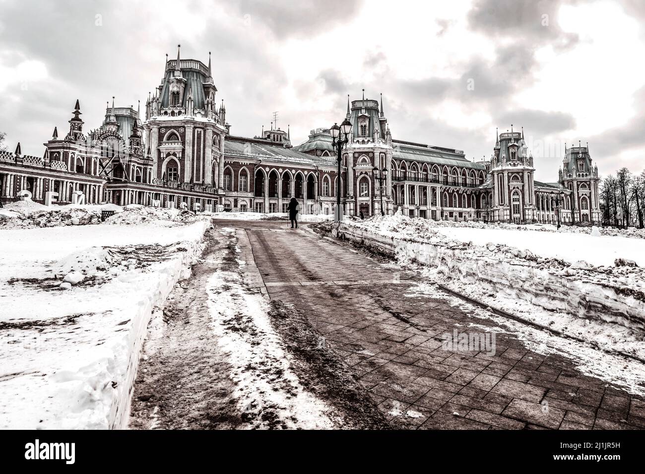 View on Tsaritsyno covered with the snow in dramatic style, Moscow, Russia Stock Photo