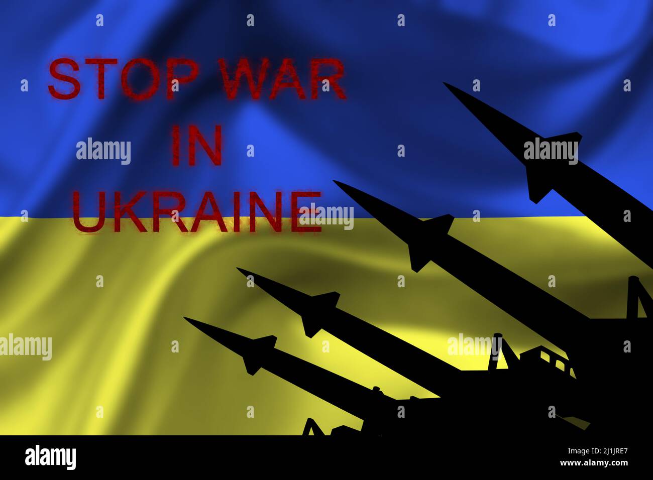 Ukraine flag with antiaircraft rockets silhouettes and sign 'STOP WAR IN UKRAINE' Stock Photo