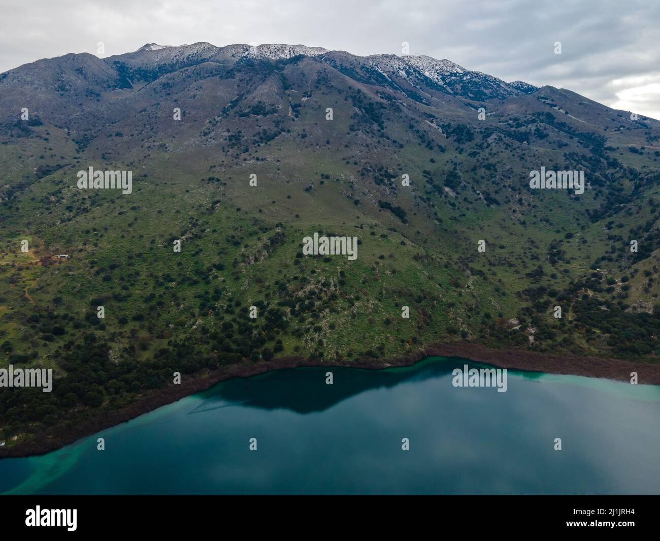 Aerial top view by drone of Kournas lake on Crete island. Greece Stock ...