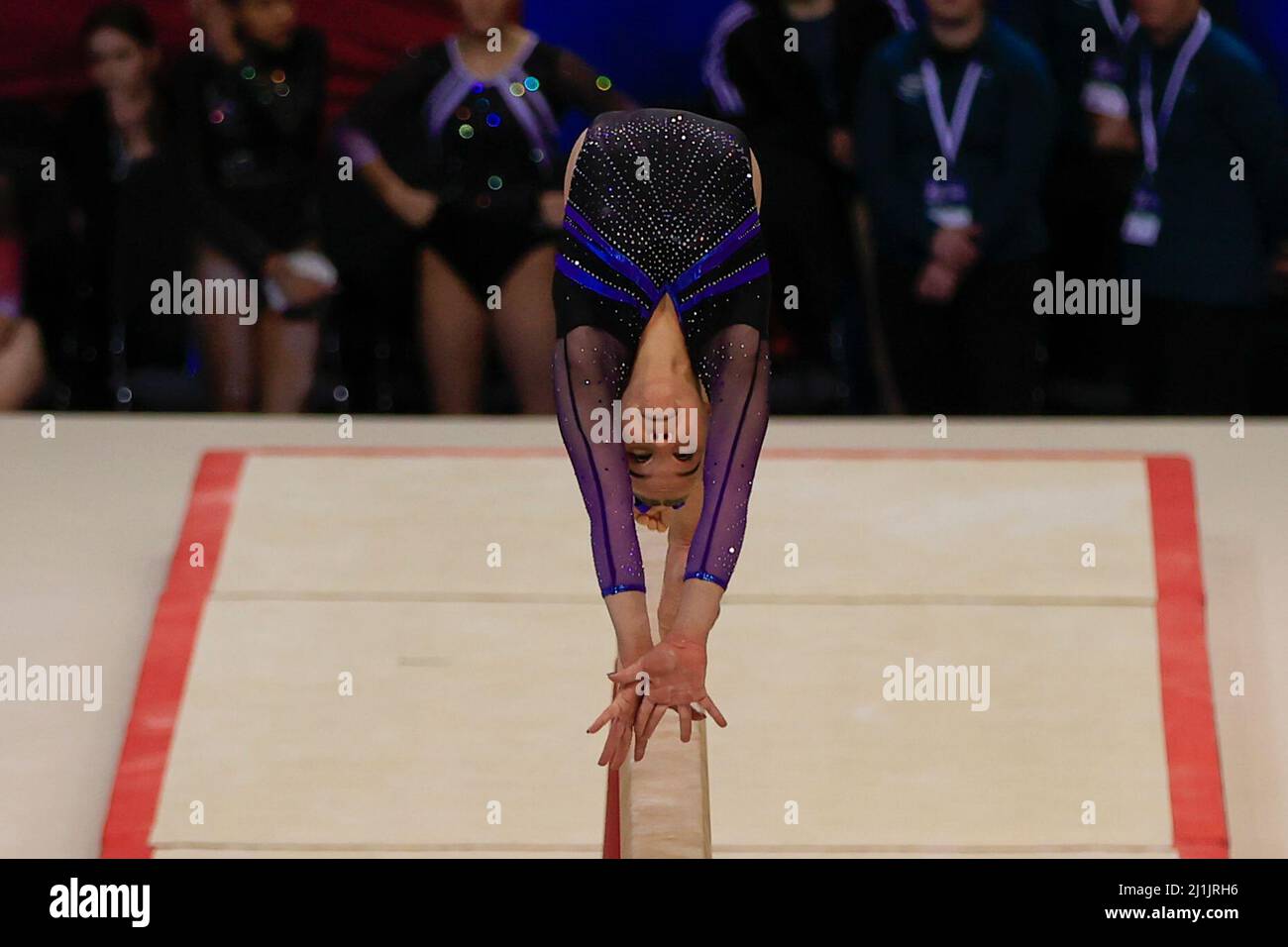 Liverpool, UK. 26th Mar, 2022. Paige Moroney of South Essex Gymnastics performs her beam routine Credit: News Images /Alamy Live News Stock Photo