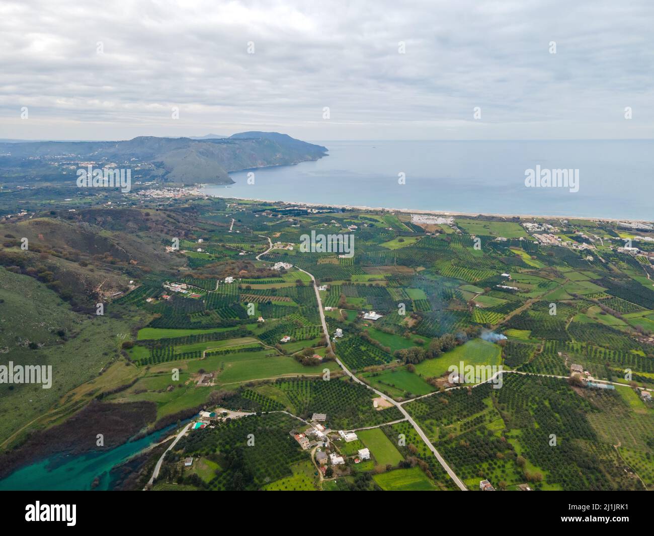 Aerial top view by drone of cretan landscape with sea. Stock Photo