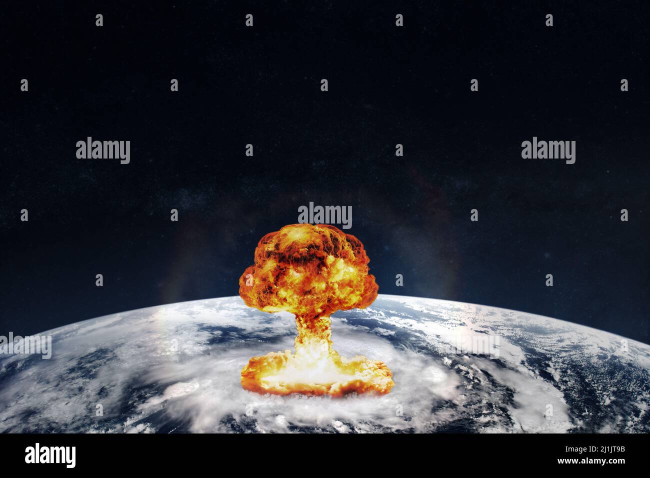 Nuclear blast on blue Earth planet during World war. Elements of this image furnished by NASA. Stock Photo