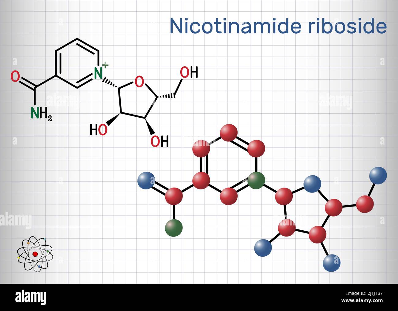 Nicotinamide riboside, NR, SR647 molecule. It is N-glycosylnicotinamide, pyridine nucleoside similar to vitamin B3. Structural chemical formula, molec Stock Vector