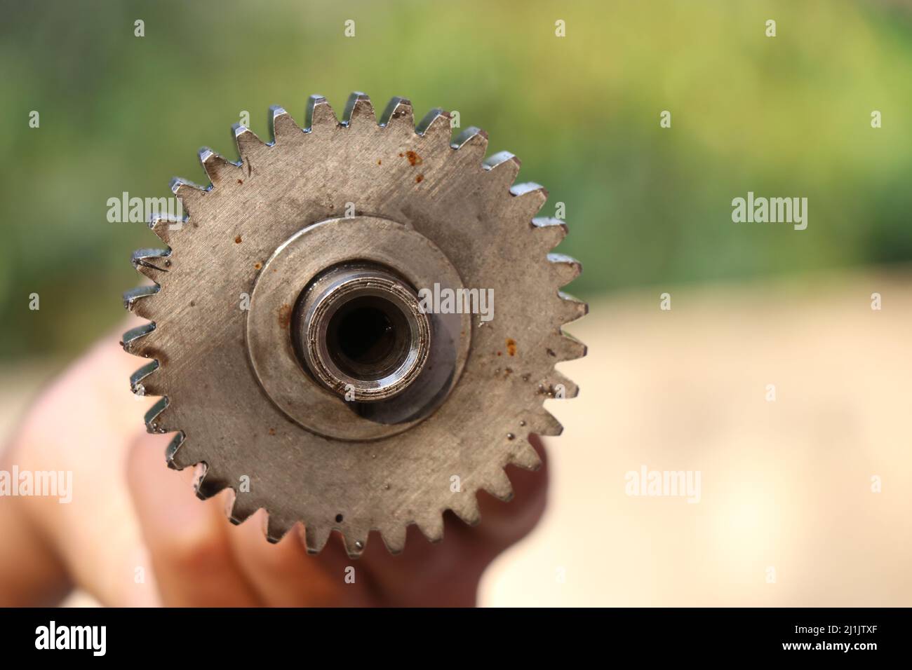 Front view of a camshaft and its gear held in hand, Part of a diesel engine after disassembling Stock Photo