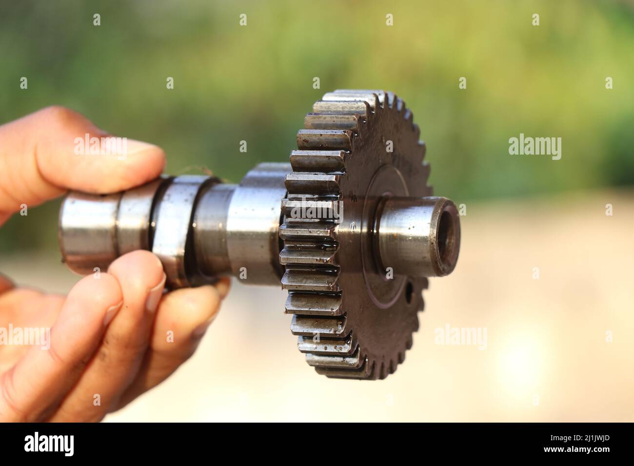 Camshaft sprocket of internal combustion engine held in hand isolated on nature background Stock Photo