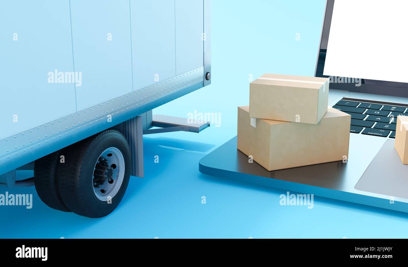 Carton boxes on laptop with delivery truck. Online Business package delivery concept. Global e-commerce business connection technology. 3d rendering. Stock Photo