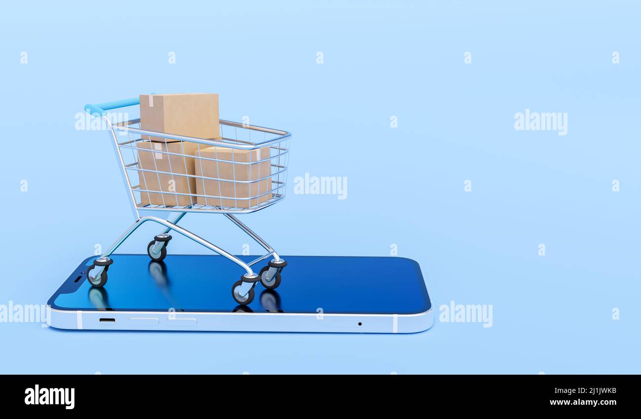 Carton boxes in shopping cart  on the smartphone isolated on blue background. E-commerce online shopping concept. 3D render. Stock Photo