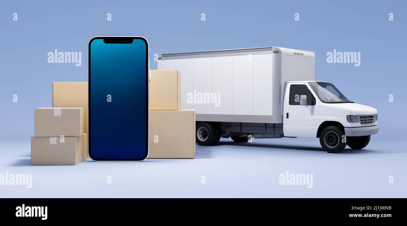 Smartphone and boxes with cargo truck. Business Logistics concept. Global business connection technology. Online shopping ecommerce style. 3d renderin Stock Photo