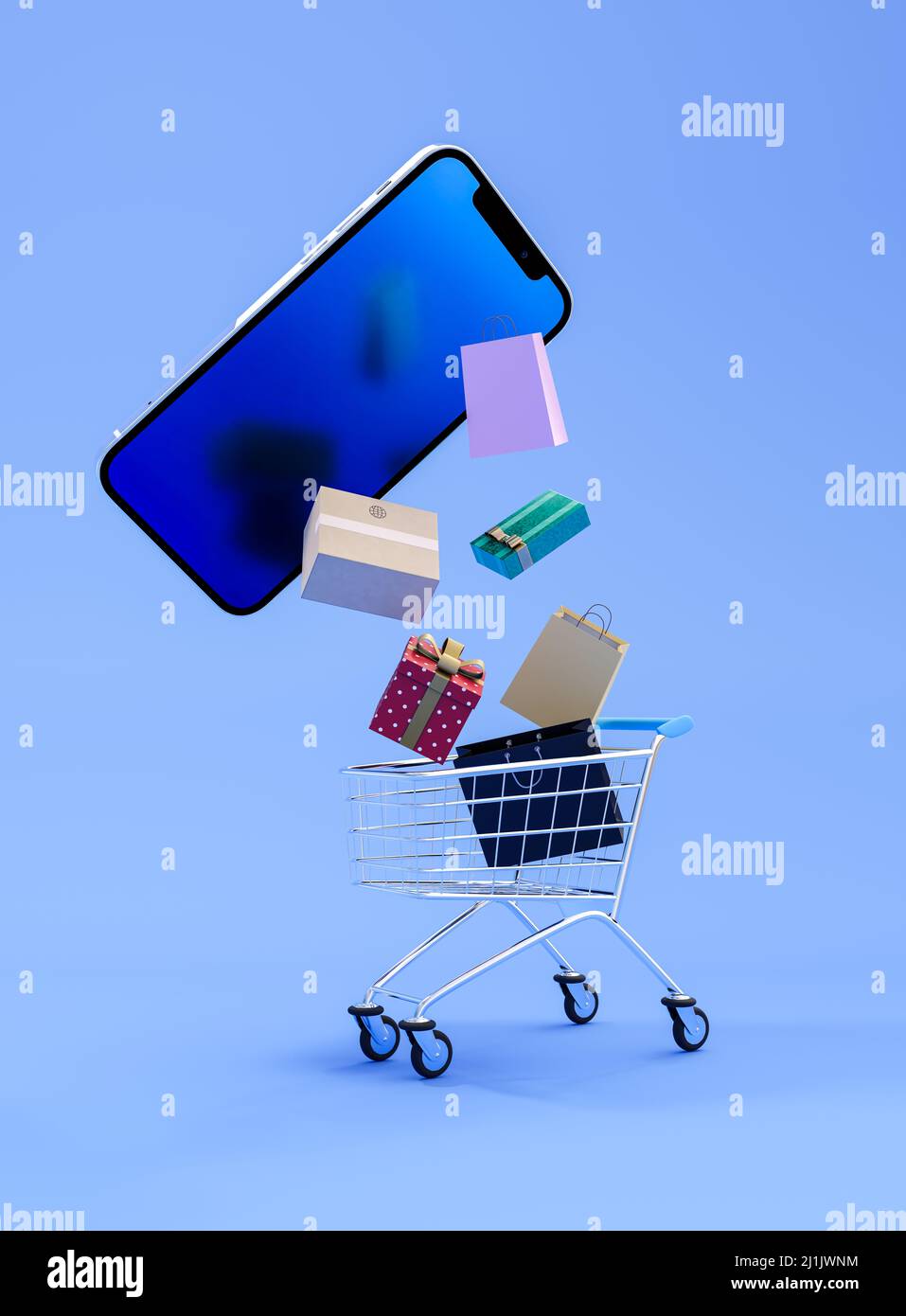 Smartphone, gift present, goods falling into shopping cart isolated on blue background. Online shopping ecommerce concept design. 3D rendering. Stock Photo