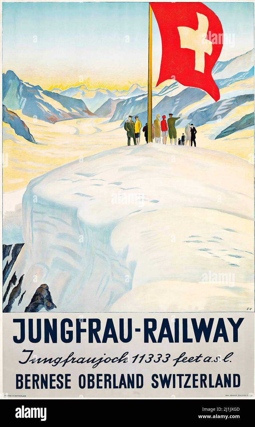 Vintage travel poster, Winter sport, ski - Emil Cardinaux (1877-1936) JUNGFRAU-RAILWAY - 1928 - Switzerland, Suisse, Swiss, Schweiz. Stock Photo