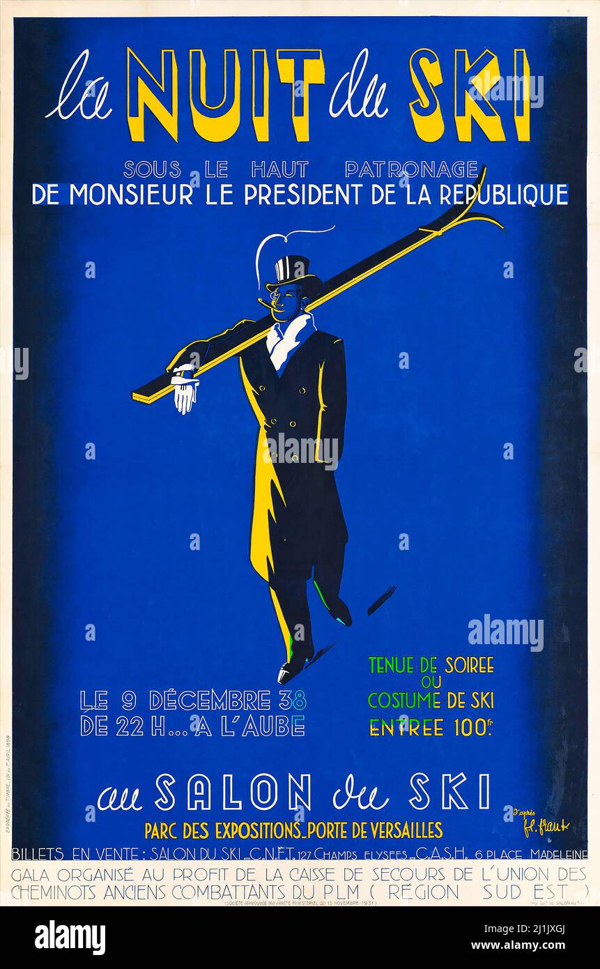 Vintage travel poster, Winter sport, ski - LA NUIT DU SKI. Au Salon du Ski. Stock Photo