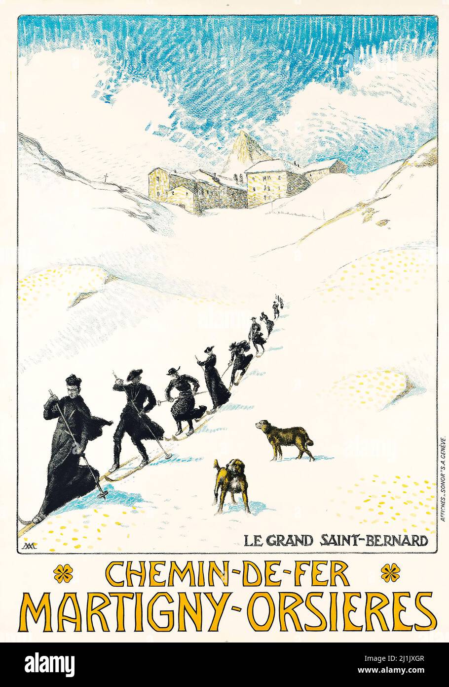 Antique Travel Poster 1913 Winter Sport Ski Albert Muret 1874 1955 Chemin De Fer Martigny Orsieres Le Grand Saint Bernard Stock Photo Alamy