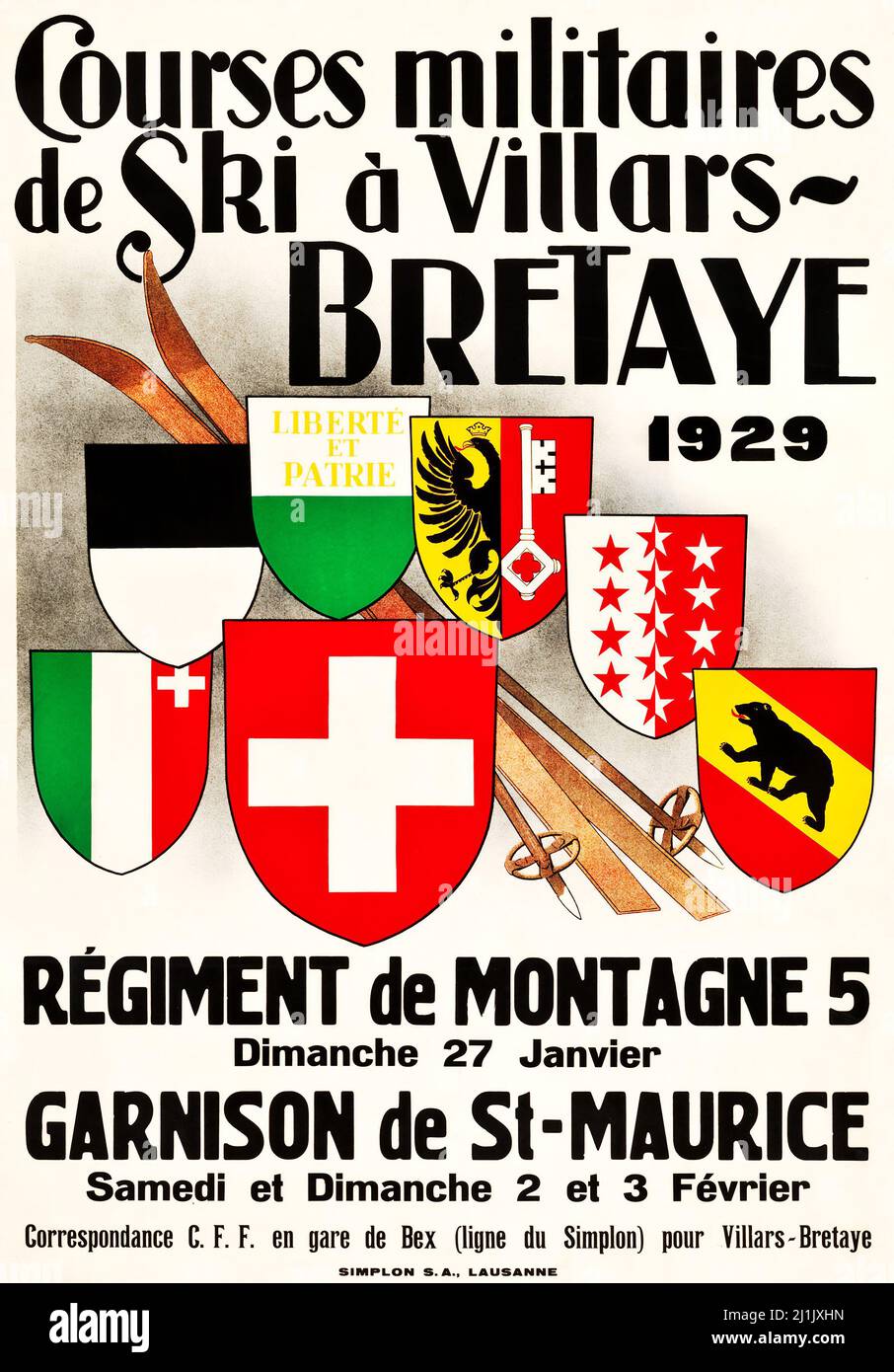 Vintage travel poster, Winter sport, ski - Bex-Villars-Bretaye railway advertisement. 1929. 'Courses Militaires de Ski a Villars-Bretaye.' Stock Photo