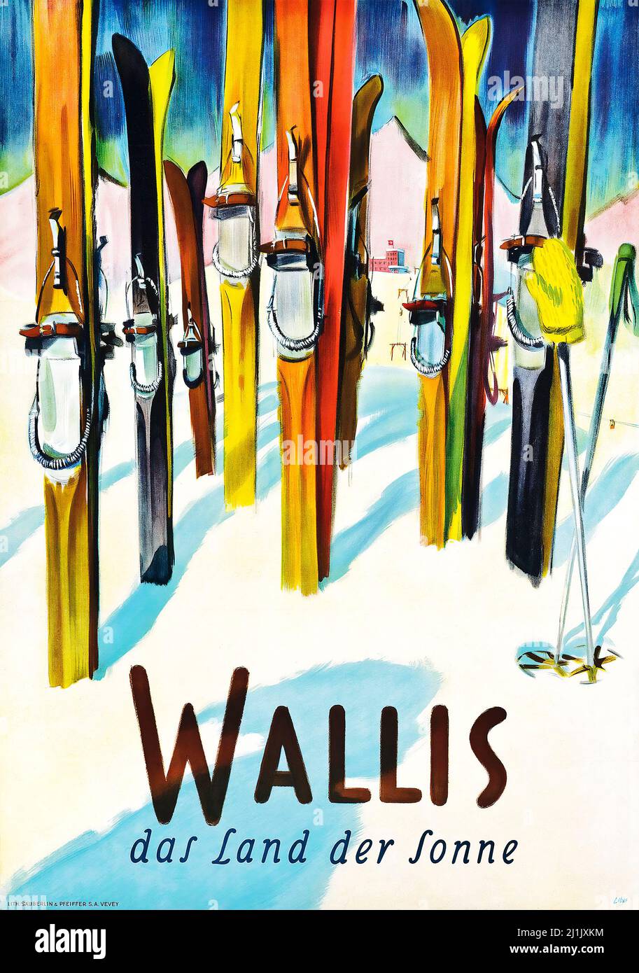 Vintage travel poster, Winter sport, ski - WALLIS das Land der Sonne. (VALAIS the land of the sun). 1949. Schweiz, Suisse, Switzerland, Swiss poster. Stock Photo