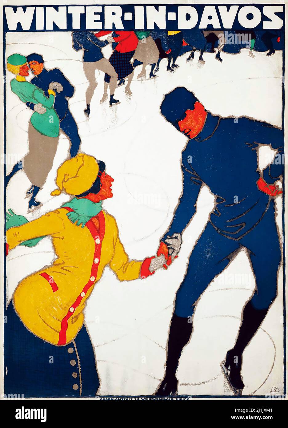 Vintage travel poster, Winter sport, ski - MANGOLD, Burkhard - WINTER IN DAVOS 1914 - Schweiz, Suisse, Switzerland, Swiss Stock Photo