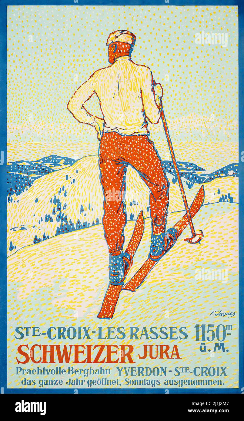 Vintage travel poster, Winter sport, ski - STE-CROIX-LES RASSES, Schweizer Jura, c.1910 (Saint Croix) Schweiz, Suisse, Switzerland Stock Photo