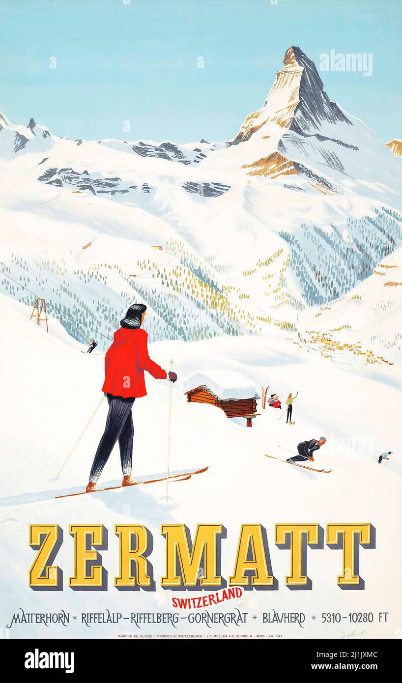 Vintage travel poster, Winter sport, ski - Artwork by Schol ZERMATT / Matterhorn Schweiz, Suisse, Switzerland, Swiss - 1947 Stock Photo
