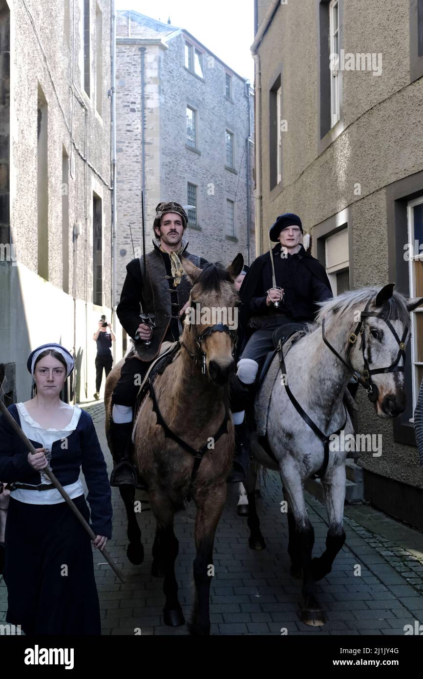 Hawick, UK. 26th Mar, 2022. Les Amis dÕOnno, a stunt horse team, lead the procession at the start of the days events in Hawick on Saturday 26 March 2022 at the 17th Hawick Reivers Festival, returning after a gap of 2 years due to covid restrictions. (Image Credit: Rob Gray/Alamy Live News Stock Photo