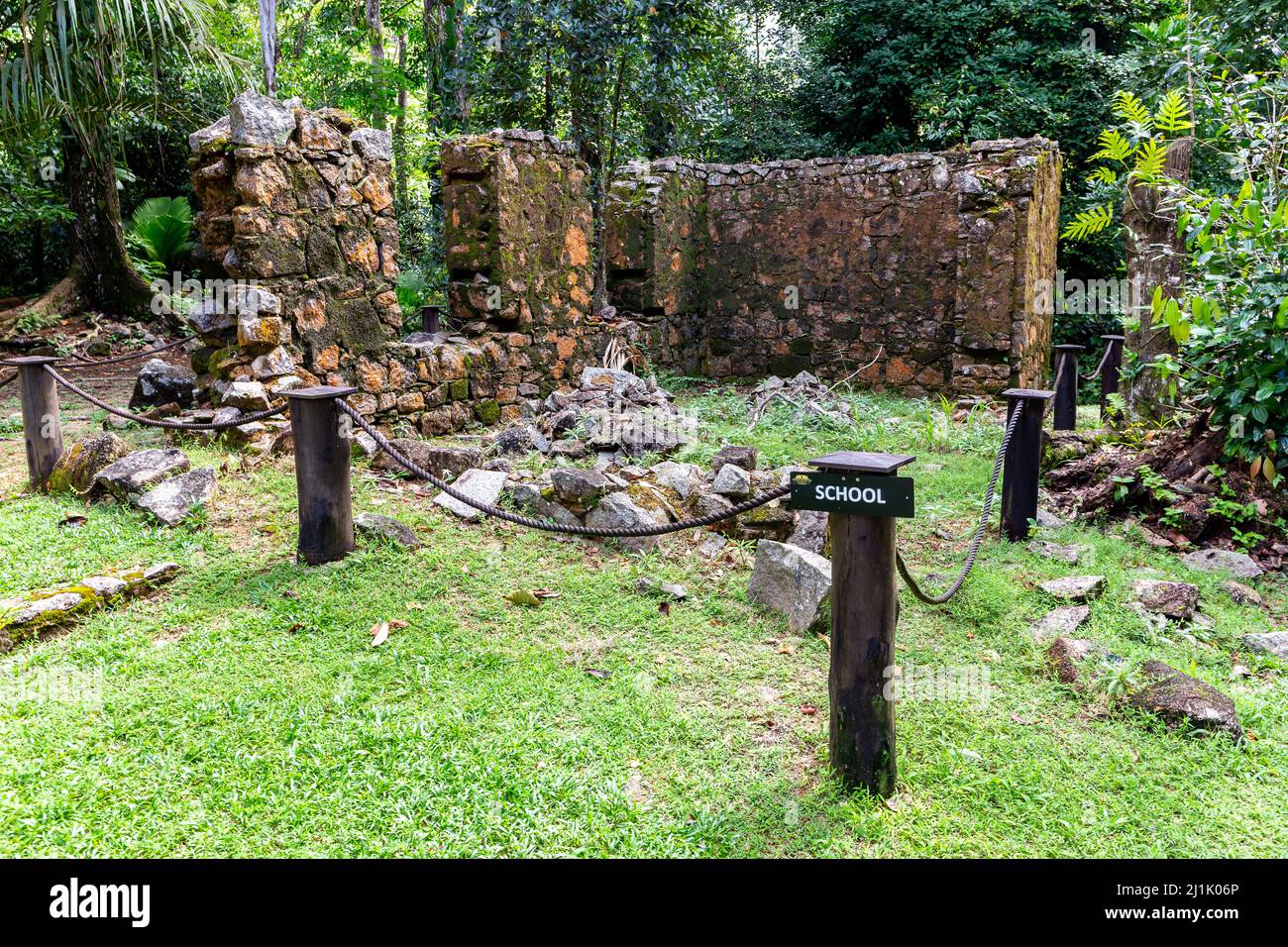 Ruins of old missionary school building in Venn's Town - Mission Lodge, Mahe Island, Seychelles. Stock Photo
