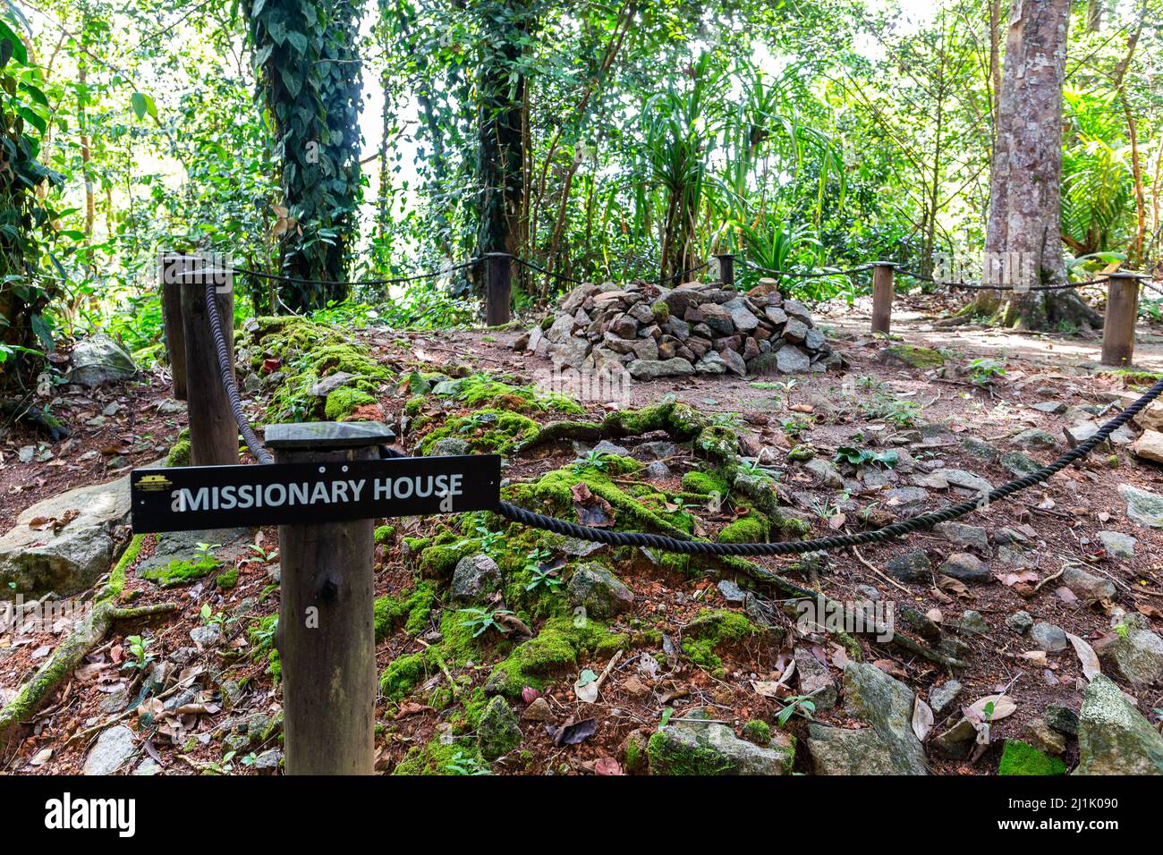 Ruins of old missionary house building in Venn's Town - Mission Lodge, Mahe Island, Seychelles. Stock Photo