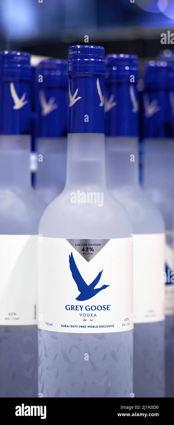 French vodka. Bottles of Grey Goose vodka fortress 43 degrees, on a shelf in duty free shop in