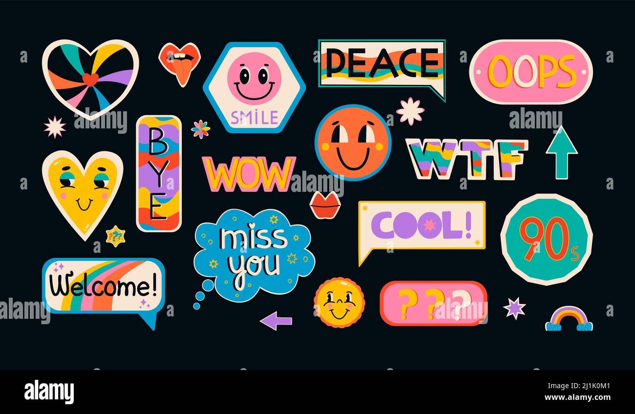 Vintage Illustration Pop Color Style Flat Design 90s Sticker. Cool trendy  retro stickers with smile faces, cartoon comic label patches Stock Vector  Image & Art - Alamy