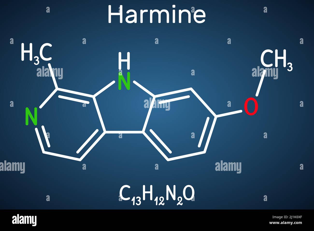 Harmine molecule. It is fluorescent harmala alkaloid, inhibits monoamine oxidase A, MAO-A. Structural chemical formula on the dark blue background. Ve Stock Vector