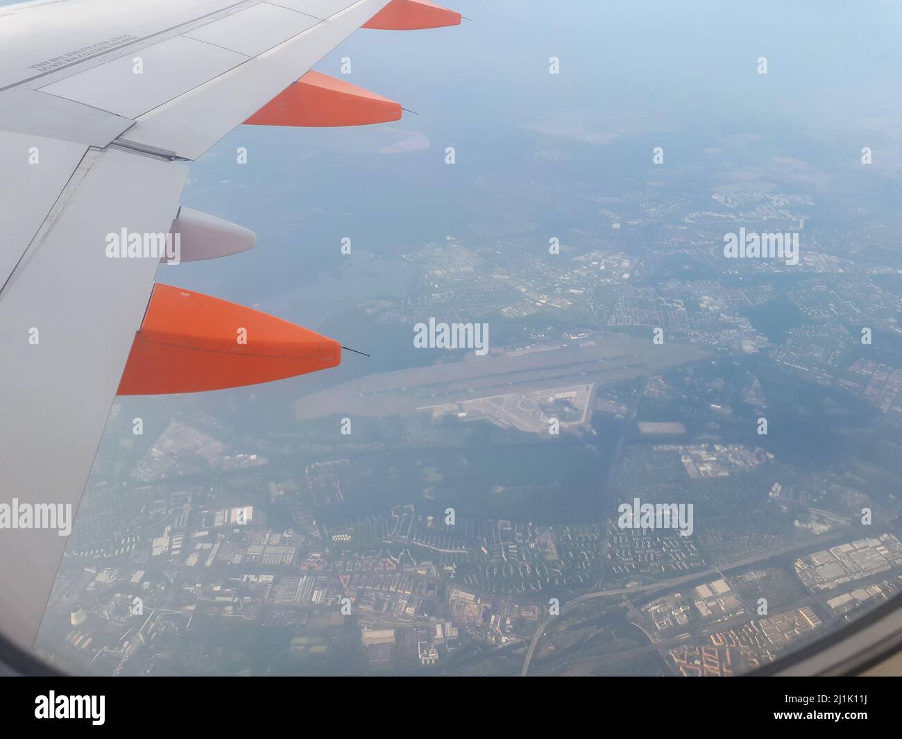 August 2020. Berlin, Germany. Arial view from an airplane window of Tegel airport, the airport was permanently shut in November 2020 Stock Photo