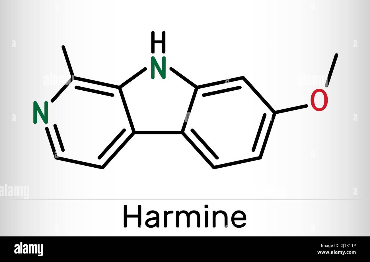 Harmine molecule. It is fluorescent harmala alkaloid, inhibits monoamine oxidase A, MAO-A. Skeletal chemical formula. Vector illustration Stock Vector