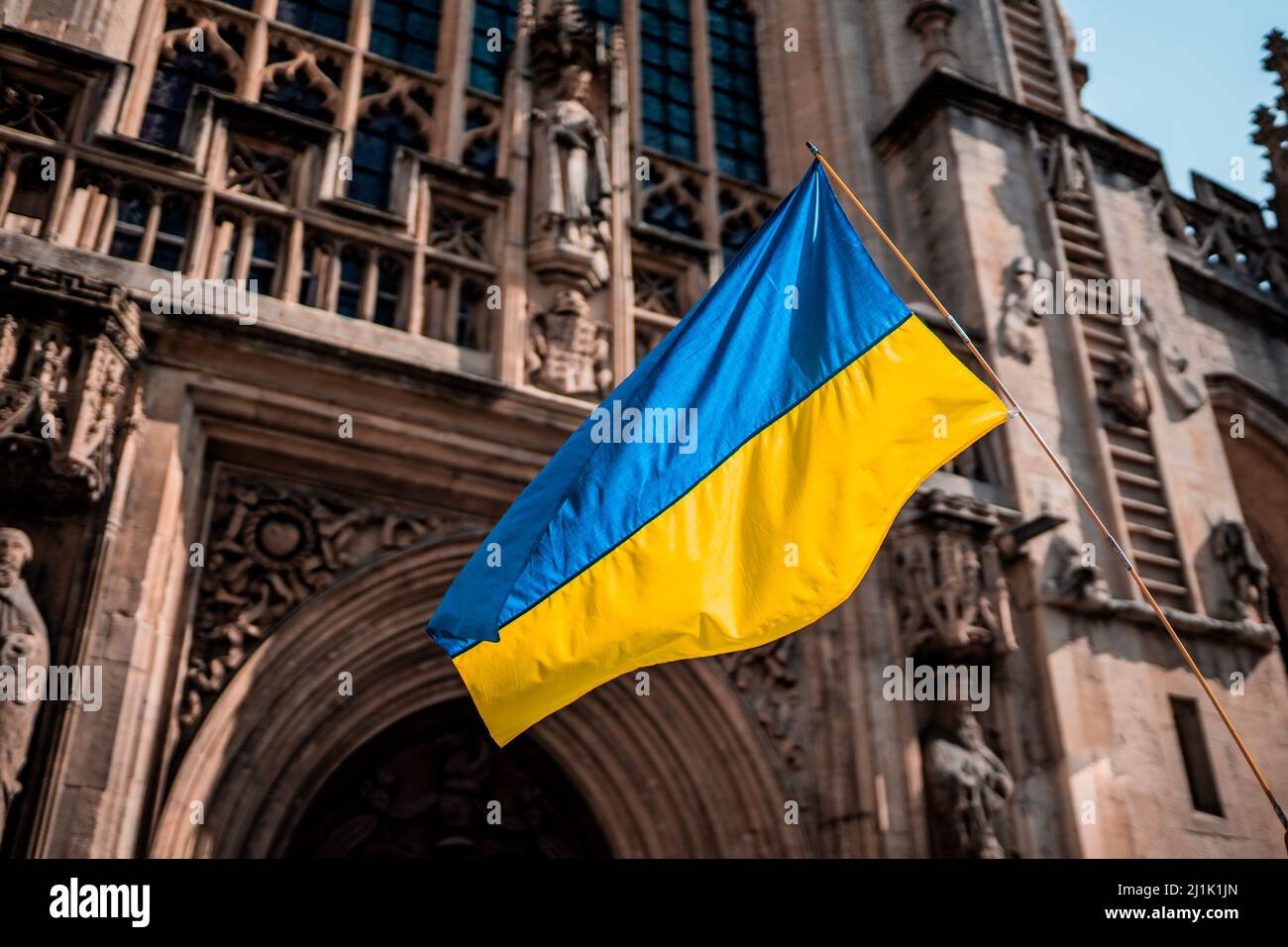 A Ukrainian flag flying outside Bath Abbey in the UK city of Bath ...