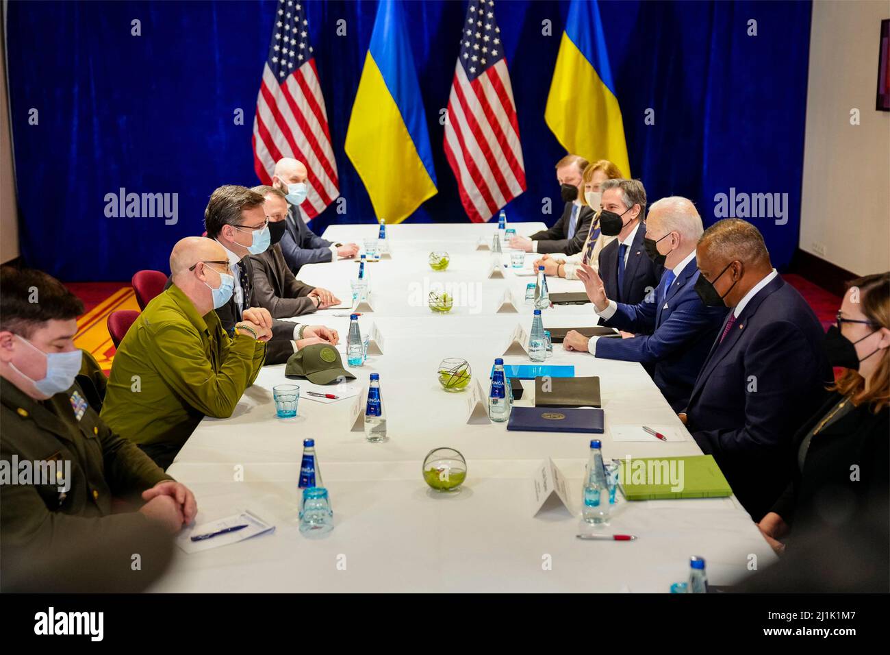 Warsaw, Poland. 26th Mar, 2022. U.S President Joe Biden, right, meets with Ukrainian Foreign Minister Dmytro Kuleba and Minister of Defense Oleksii Reznikov, left, to discuss increasing military and humanitarian assistance for Ukraine, March 26, 2022 in Warsaw, Poland. Credit: Adam Schultz/White House Photo/Alamy Live News Stock Photo