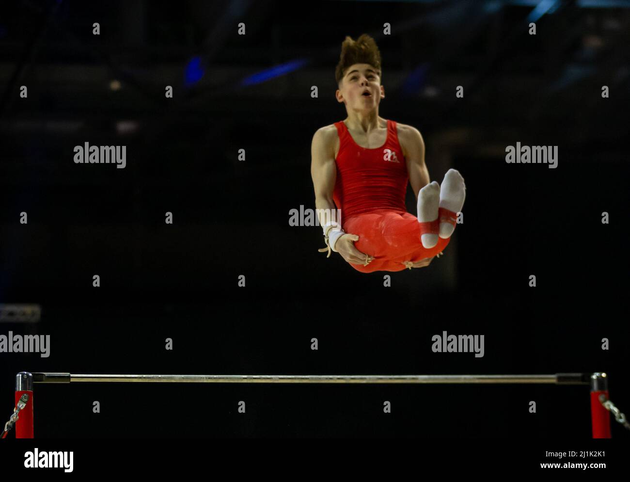 Liverpool, UK. 26th Mar, 2022. 26th March 2022 ; M&amp;S Arena, Liverpool, England; British Gymnastic Championships Day 3; Michael Carson-Maguire on high bar Credit: Action Plus Sports Images/Alamy Live News Stock Photo