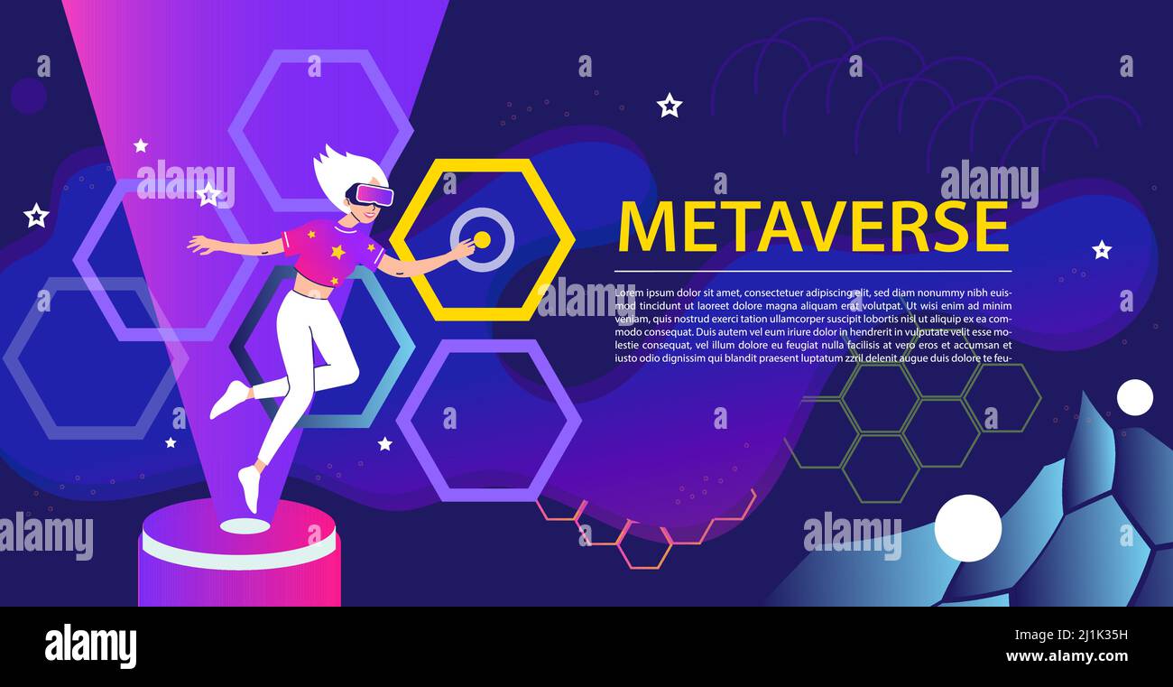 Metaverse Digital Virtual Reality Technology concept banner. Woman with glasses and a headset VR connected to the virtual space of metaverse. Female t Stock Vector
