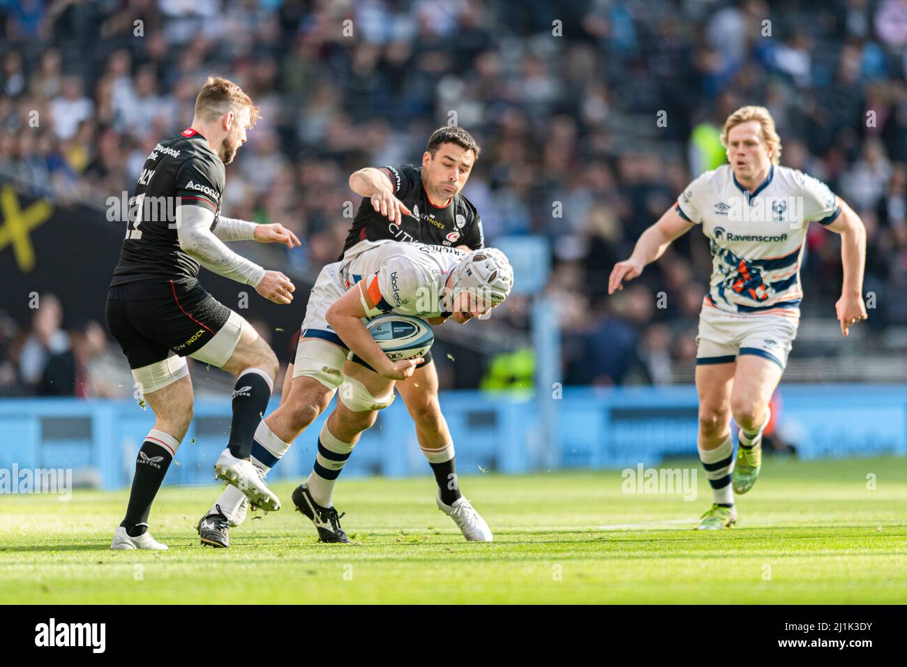 London, UK. 26th, Mar 2022. Fitz Harding of Bristol Bears (centre) is tackled during Gallagher Premiership Rugby - Saracens vs Bristol Bears at Tottenham Hotspur Stadium on Saturday, 26 March 2022. LONDON ENGLAND.  Credit: Taka G Wu/Alamy Live News Stock Photo