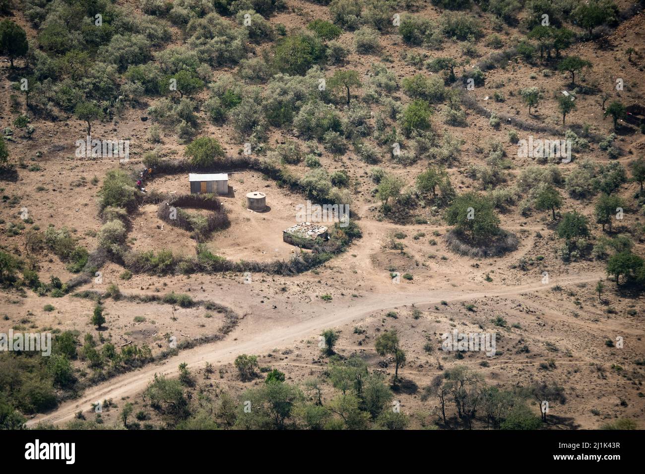 Aerial view of a traditional kraal, a round shaped, by fencing enclosed
