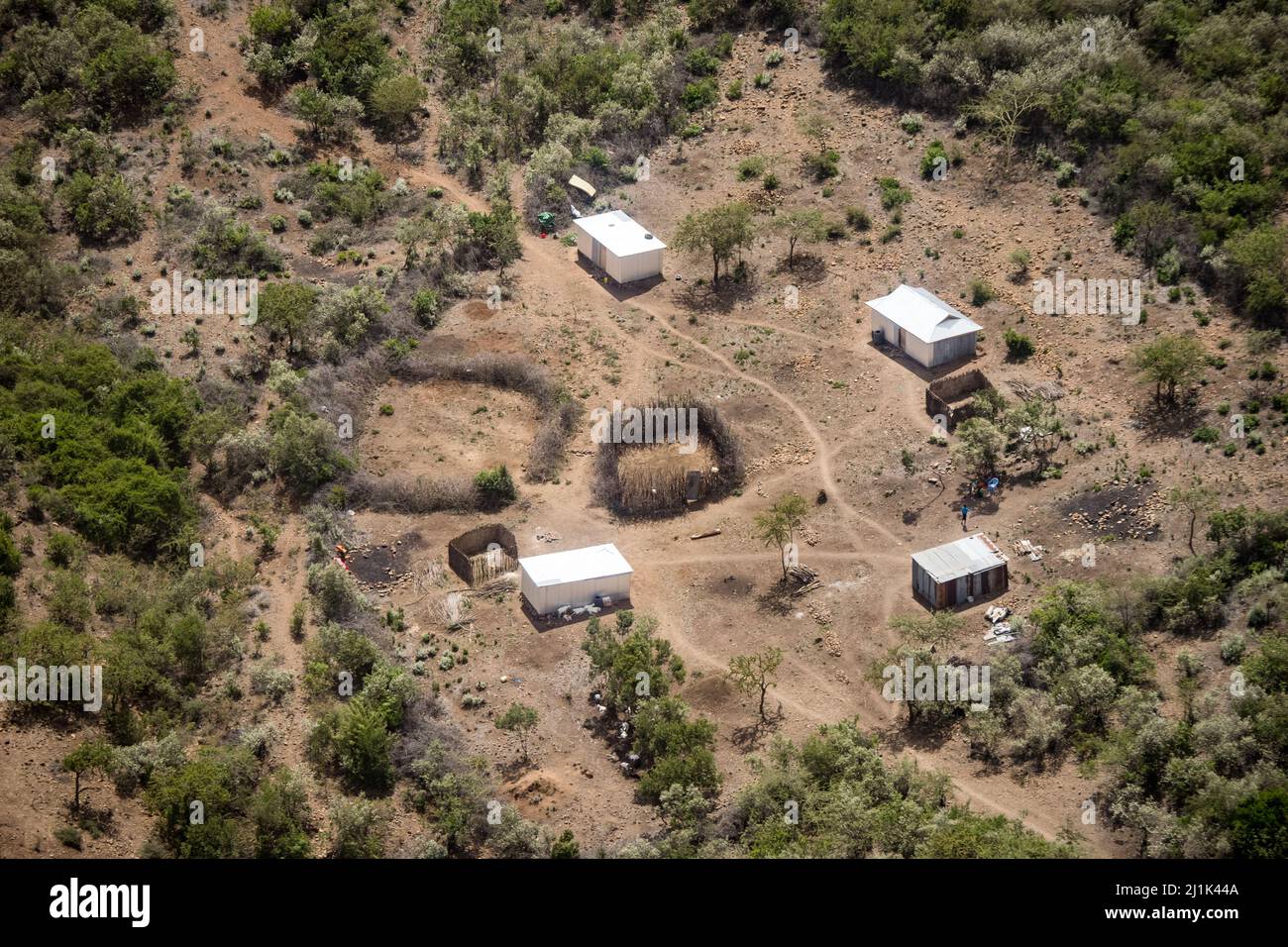 Aerial view of a traditional kraal, a round shaped, by fencing enclosed