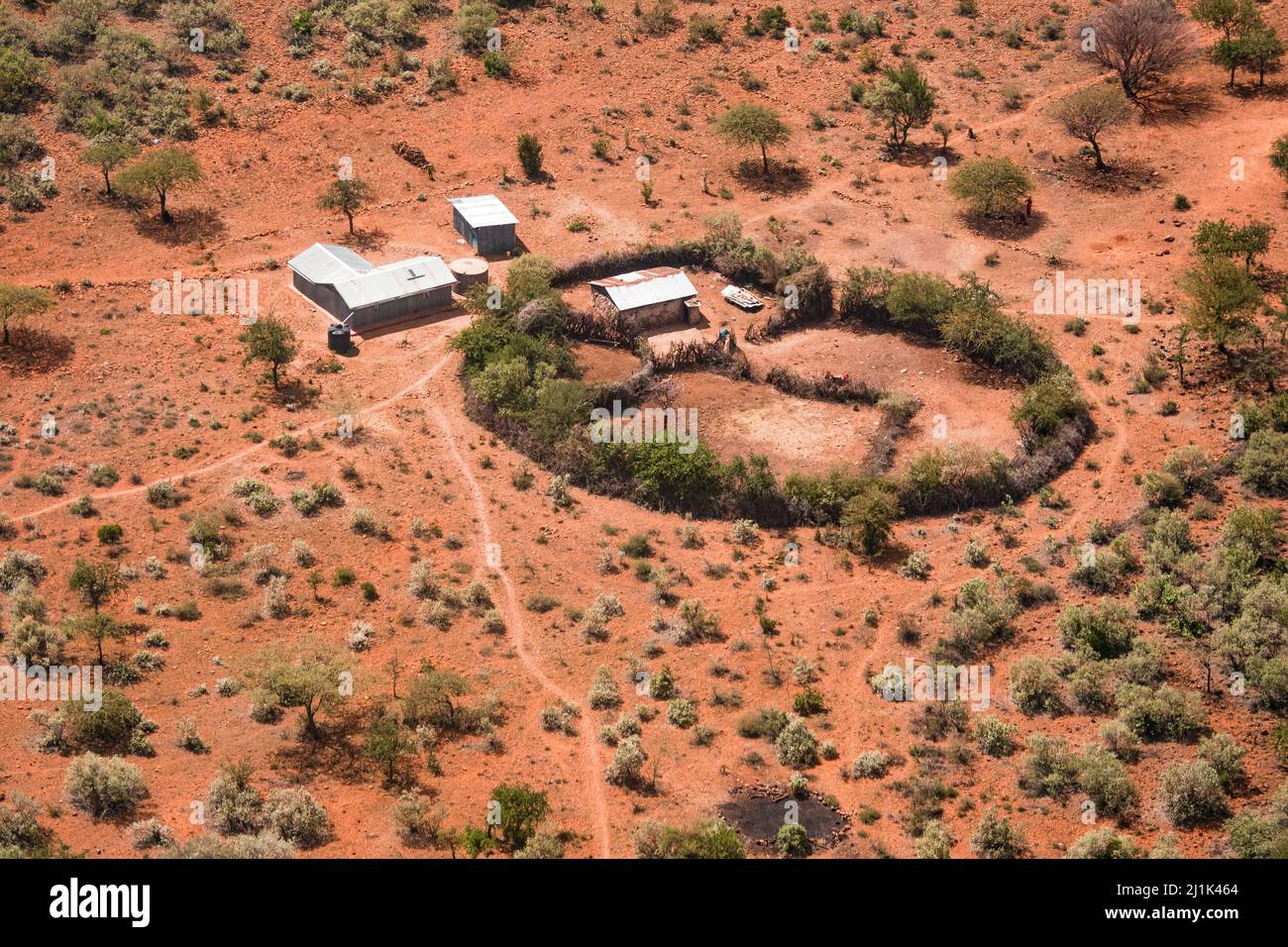 Aerial view of a traditional kraal, a round shaped, by fencing enclosed