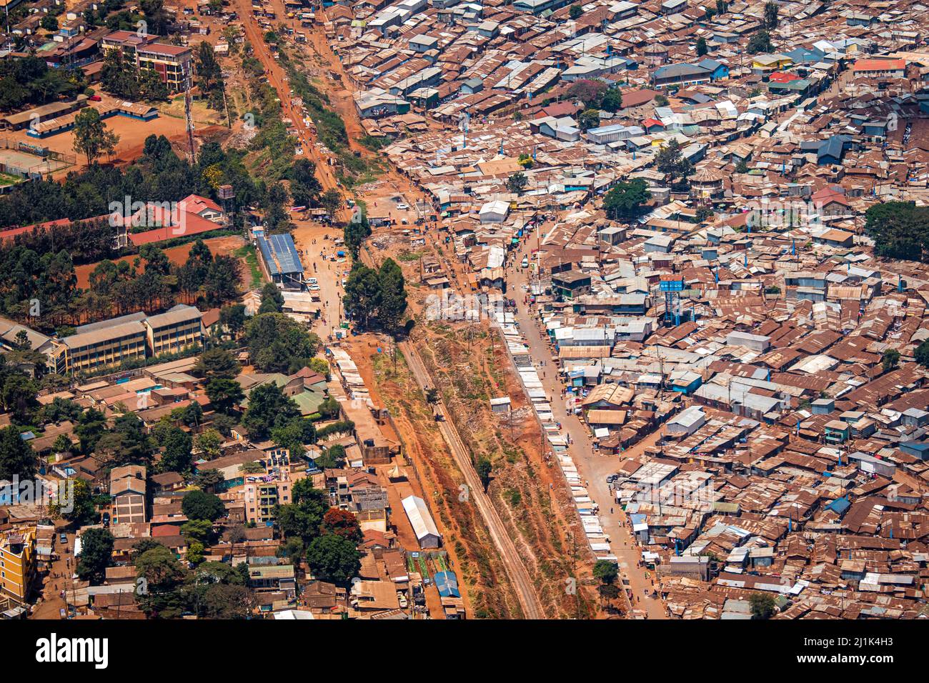 Aerial view of corrugated iron huts at the Nairobi downtown Kibera slum neighborhood, Nairobi, Kenya, East Africa, one of the largest slums in Africa Stock Photo