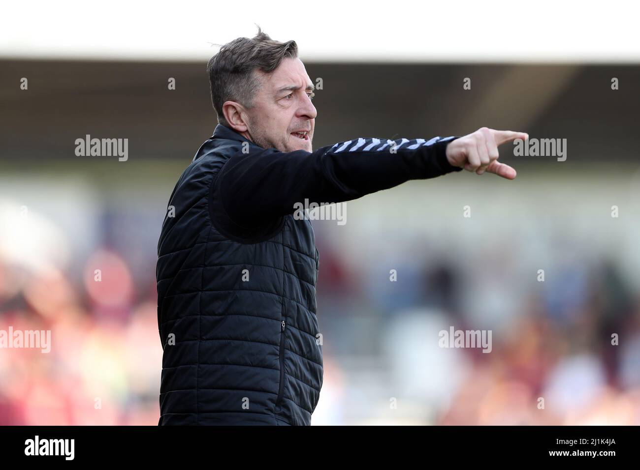 Northampton Town manager Jon Brady during the Sky Bet League Two match at Sixfields Stadium, Northampton. Picture date: Saturday March 26, 2022. Stock Photo
