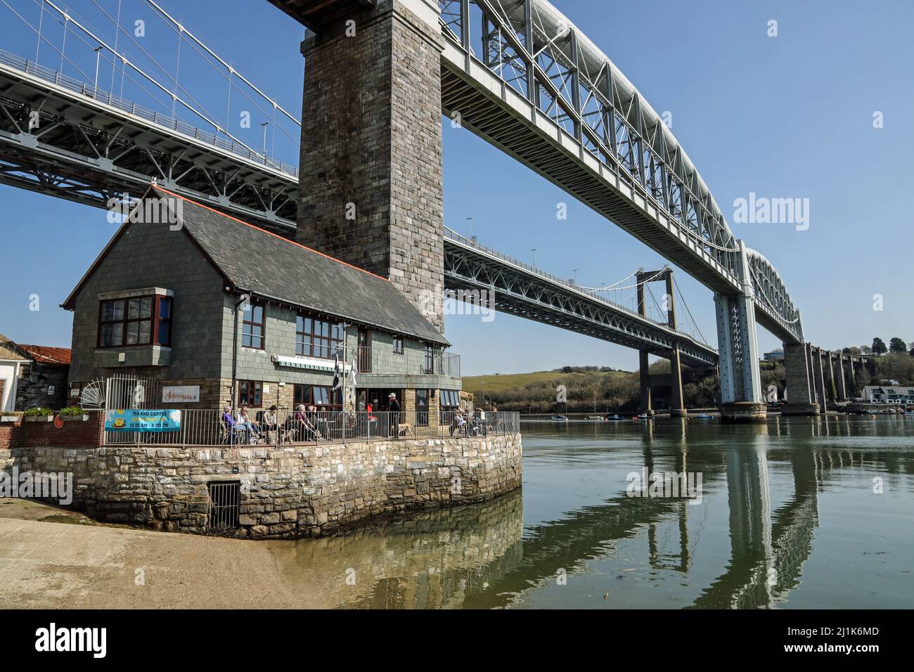 The Ashtorre Rock cafe and arts centre on the waterfront beside the River Tamar in Saltash. Sat underneath the famous Royal Albert Bridge the watersid Stock Photo