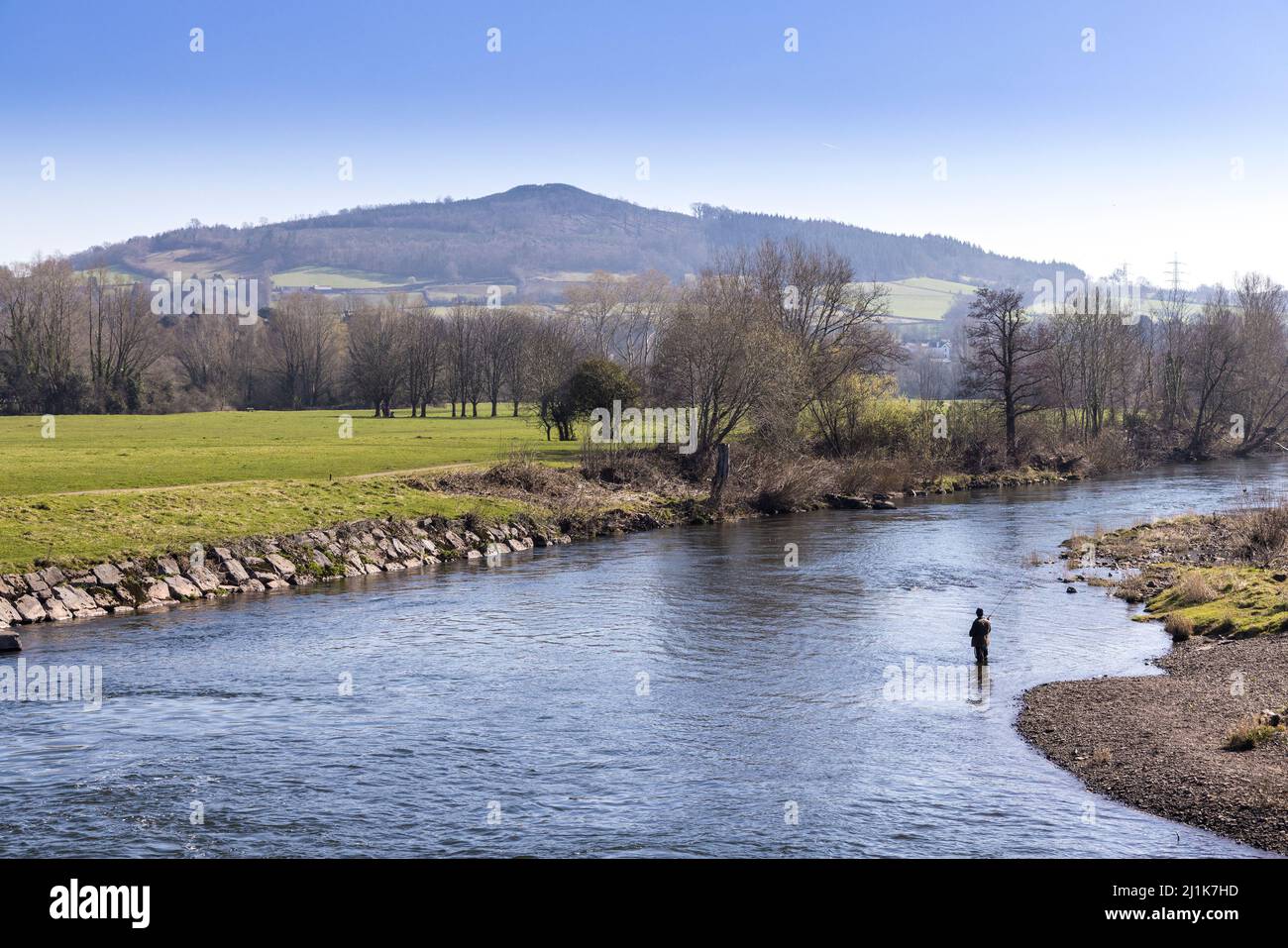 Fishing in the River Usk, Llanfoist, Abergavenny, Wales, UK Stock Photo