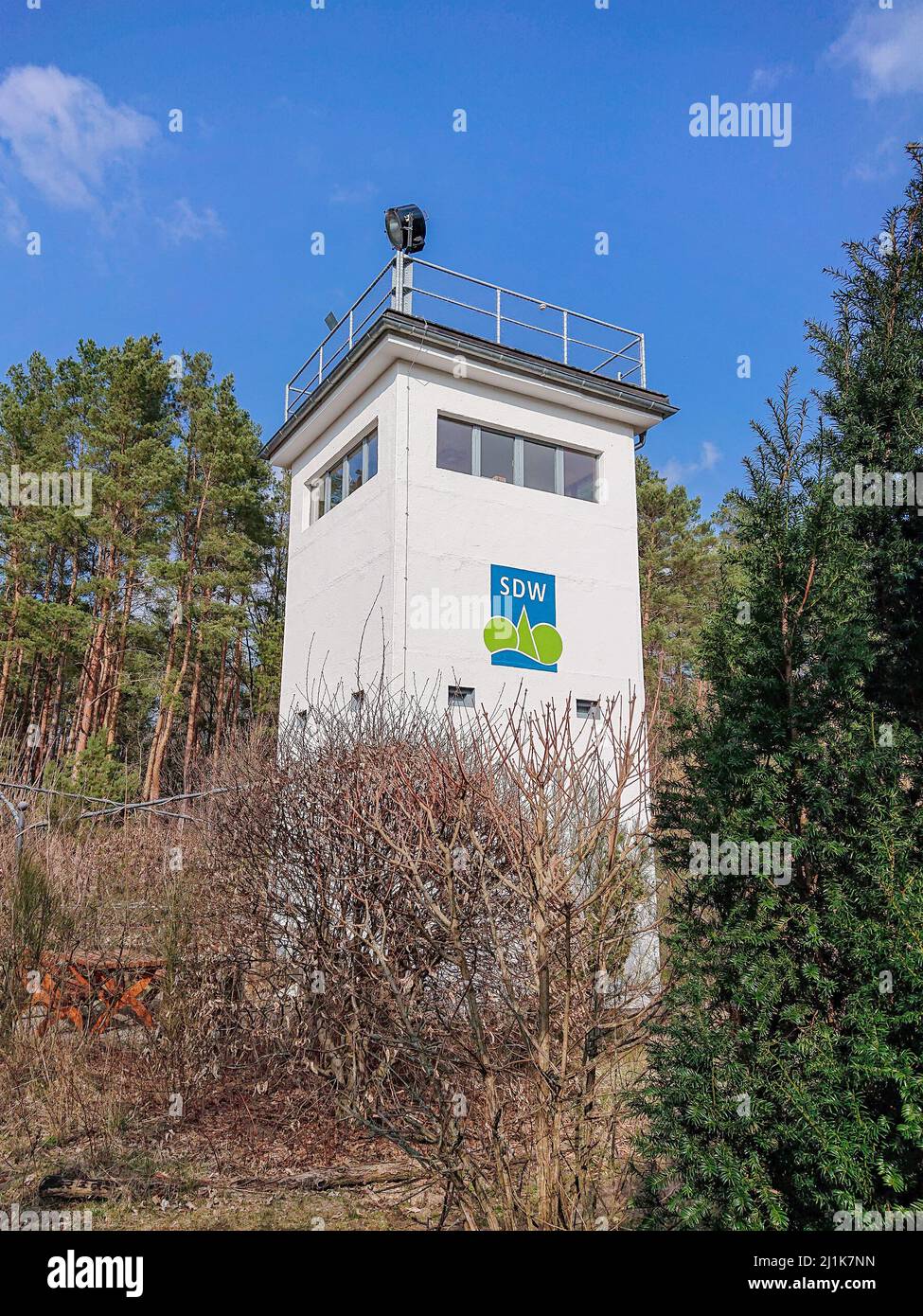 A watchtower at the former inner german border dividing Frohnau in the north of Berlin from Hohen Neuendorf in Brandenburg Stock Photo