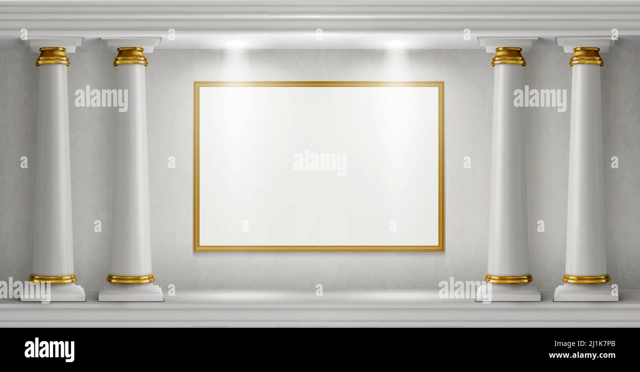 Antique columns, stone pillars and illuminated blank signboards in marble wall realistic vector, museum interior with white empty banners in art galle Stock Vector