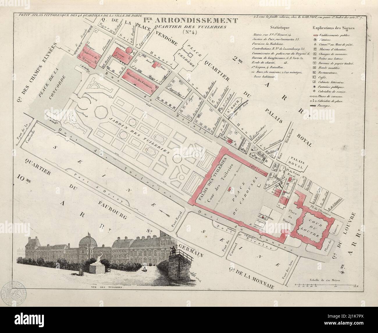 Vintage map of Parisian quarters from 19th century. Petit atlas is beautifully colored and