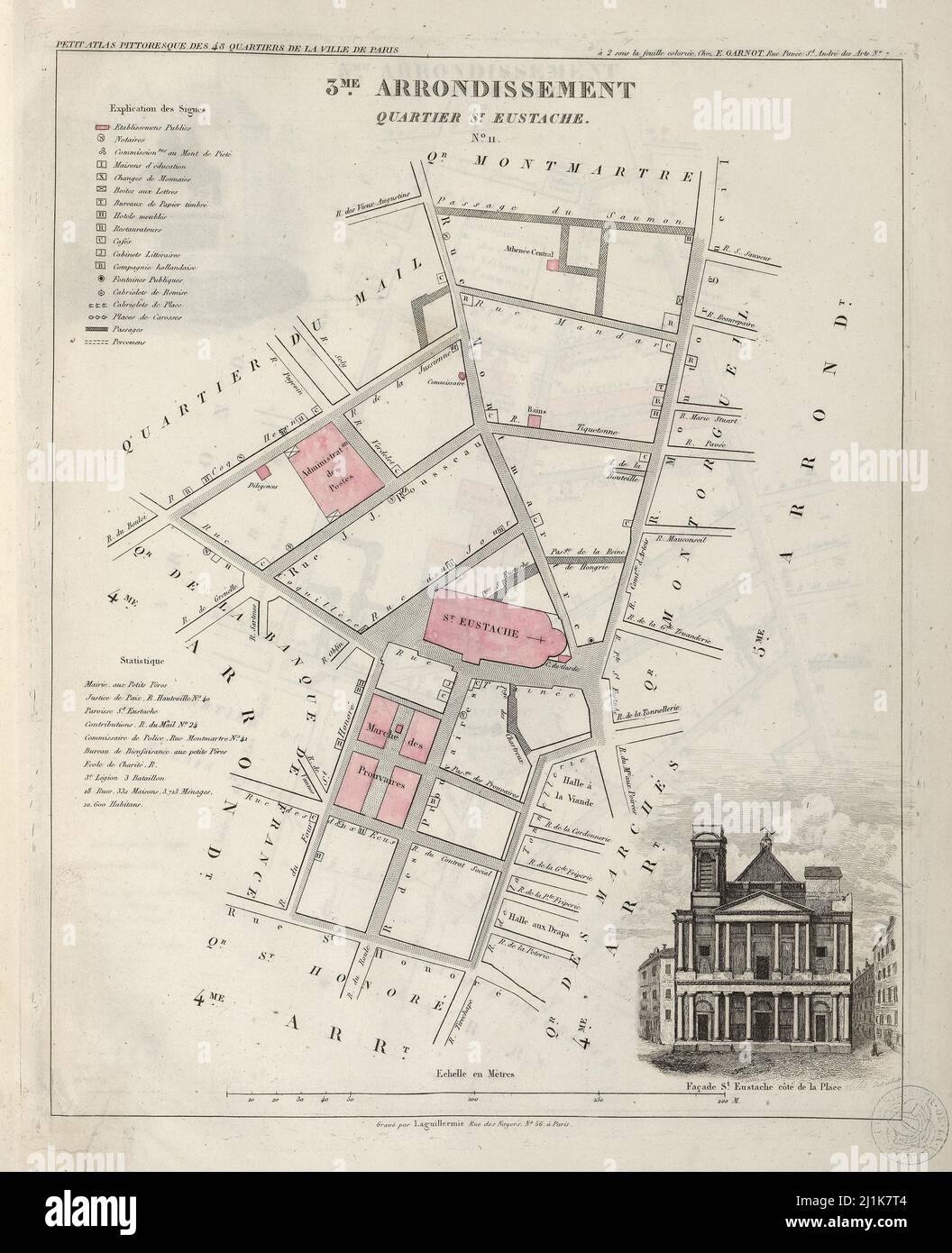 Vintage map of Parisian quarters from 19th century. Petit atlas is beautifully colored and
