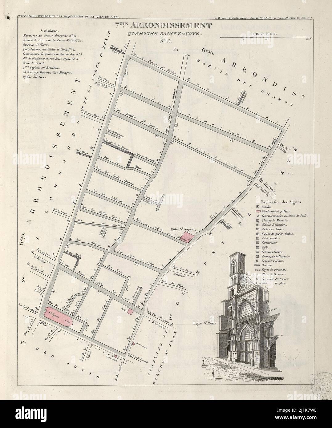 Vintage map of Parisian quarters from 19th century. Petit atlas is beautifully colored and ...