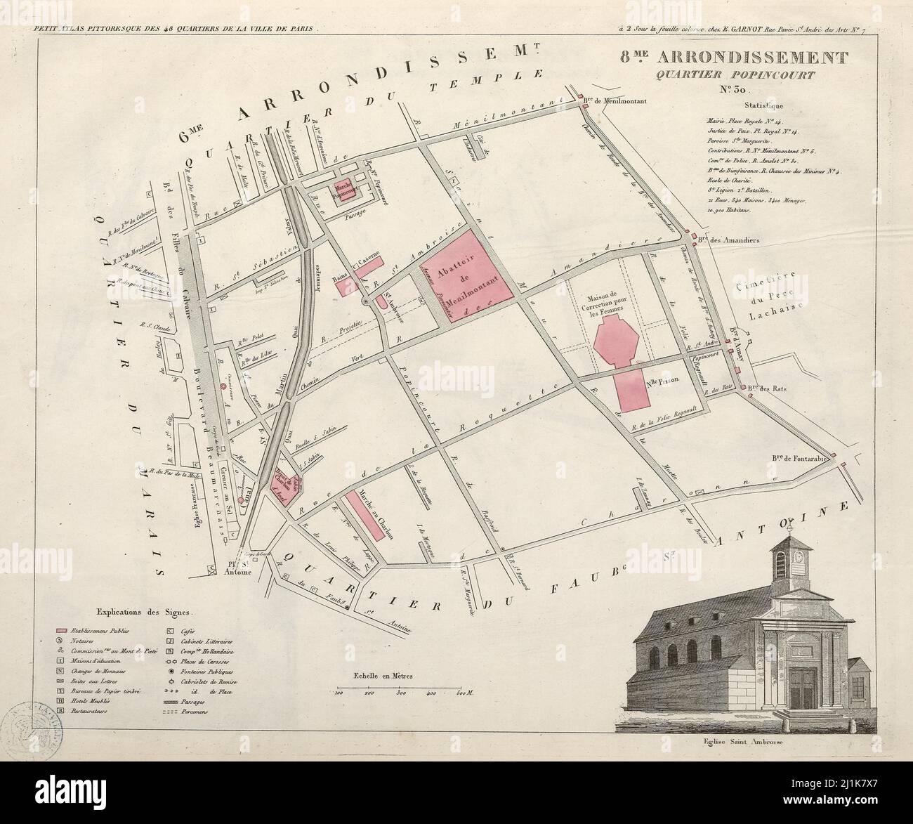 Vintage map of Parisian quarters from 19th century. Petit atlas is beautifully colored and ...