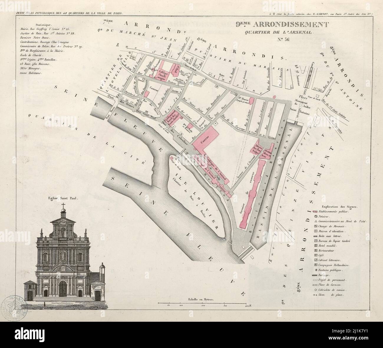 Vintage map of Parisian quarters from 19th century. Petit atlas is beautifully colored and