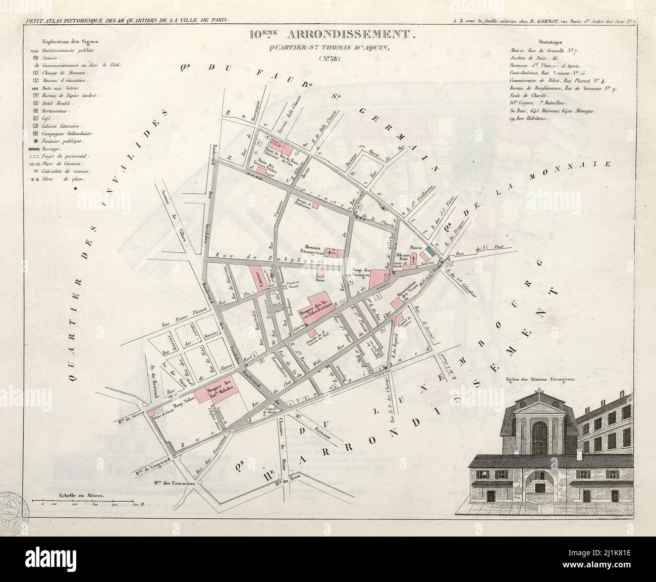 Vintage map of Parisian quarters from 19th century. Petit atlas is beautifully colored and