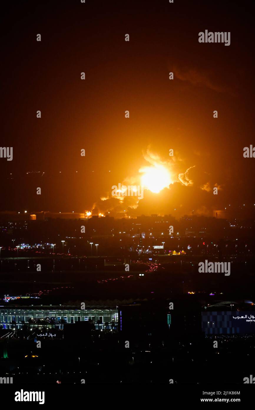 Amarmco oil facility in fire after an attack from the Houthis during the Formula 1 STC Saudi Arabian Grand Prix 2022, 2nd round of the 2022 FIA Formula One World Championship, on the Jeddah Corniche Circuit, from March 25 to 27, 2022 in Jeddah, Saudi Arabia - Photo Antonin Vincent / DPPI Stock Photo